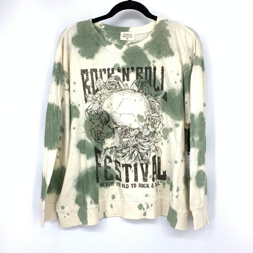 Urban Nation Long Sleeve Crew Neck Rock & Roll T-Shirt Sz 1X Green Cream Tie Dye